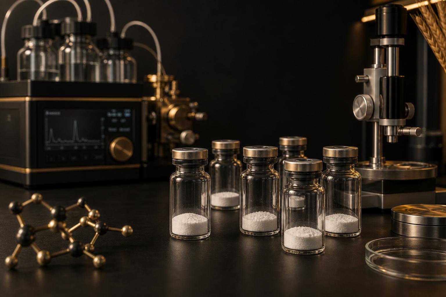 Sealed research peptide vials with lyophilized material beside analytical laboratory instruments.