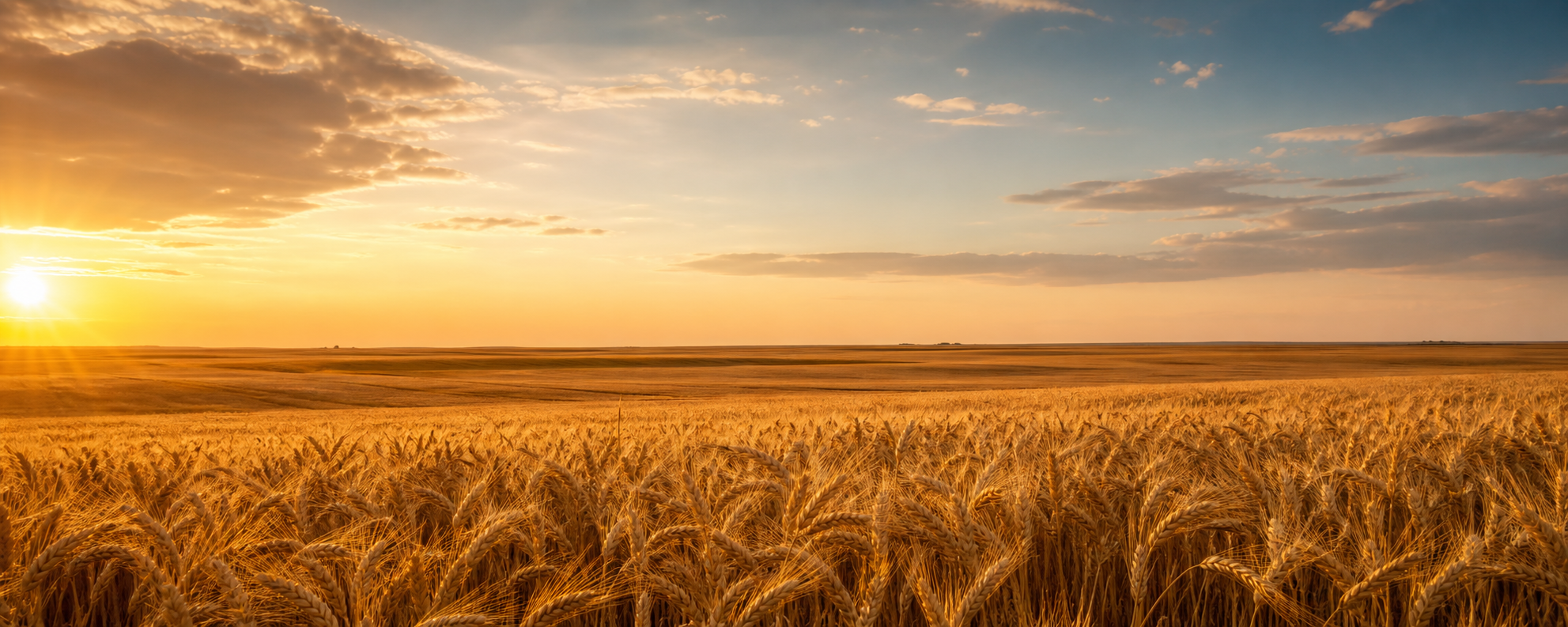 A golden Kansas wheat field beneath a broad sunset sky.