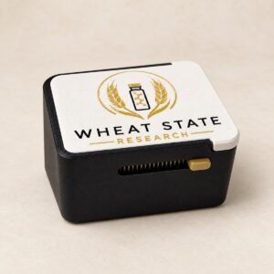 Black, white, and gold Wheat State Research 10-vial slide-lock case